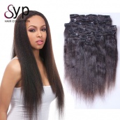 Clip In Hair Extensions Real Virgin Human Hair Yaki Straight Natural Color #1b 7pcs/set 120g