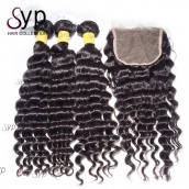 Malaysian Deep Wave Virgin Remy Real Human Hair Extensions 3 or 4 Bundles With Top Lace Closure 4x4