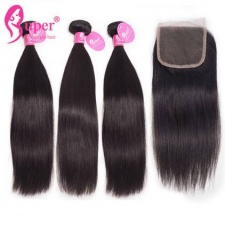 Straight Human Hair 3 or 4 Bundles With Top Lace Closure 4x4 Premium Brazilian Virgin Remy Hair Extensions