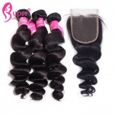 Best Match Loose Wave Top Lace Closure 4x4 With Premium Brazilian Virgin Remy Human Hair Extensions 3 or 4 Bundles