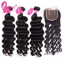 Brazilian Natural Wave Weave Hair With Lace Closure 4x4 Wholesale Price Premium Human Hair