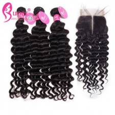 Premium Brazilian Virgin Hair Deep Wave 3 or 4 Bundles With Top Lace Closure 4x4 100 Human Hair Extensions
