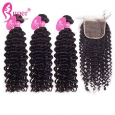 Curly Human Hair Weave 3 or 4 Bundles With Top Lace Closure 4x4 Premium Brazilian Virgin Remy Hair Extensions