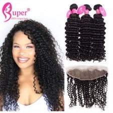 13X4 Ear To Ear Lace Frontal Closure With Bundles 3 or 2 pcs Premium Brazilian Virgin Hair Curly Human Hair Weave