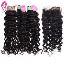 Jerry Curly Human Hair Weft 3 or 4 Bundles With Top Lace Closure 4x4 Premium Real Peruvian Virgin Remy Hair Extensions London