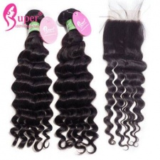 Best Match 100 Human Hair Deep Wave 3 or 4 Bundles With Top Lace Closure 4x4 Premium Peruvian Virgin Black Hair Extensions
