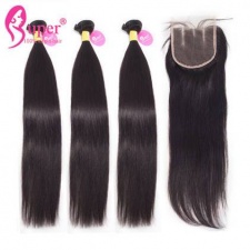 3 or 4 Bundles Straight Hair With Closure 4X4 Top Lace Closures Premium Malaysian Virgin Hair Extension