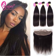 2 or 3 Bundles Straight Hair Weave With Lace Frontal Closure 13X4 Premium Malaysian Virgin Remy Hair Extension For Sale Natural Black Color