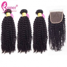 Afro Kinky Curly Human Hair Weave 3 or 4 Bundles With Top Lace Closure 4x4 Premium Malaysian Virgin Remy Hair Extensions