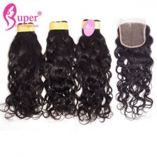 Top Lace Closure 4x4 With 3 or 4 Bundles Water Wave Premium Malaysian Virgin Remy Human Weft Hair Extensions