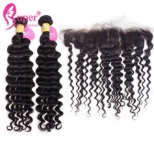 2 or 3 Bundles Deep Wave Hair With Lace Frontals Closure 13x4 Premium Malaysian Virgin Remy Human Hair Extensions uk
