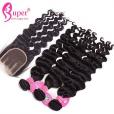 Affordable Human Hair Bundles With Lace Closure 4x4 Brazilian Natural Wave Virgin Remy Hair Weave