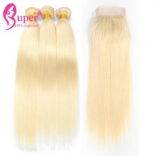 613 Blonde Virgin Remy Brazilian Straight Human Hair Extensions 3 or 4 Bundles With Top Lace Closure 4x4