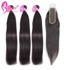 Virgin Hair Bundle Deals With Top Lace Closure Deep Middle Part 2x6 Straight Human Hair Extensions