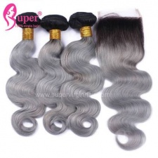 Black Ombre Hair 1b Grey 3 or 4 Bundles Body Wave With Lace Closure 4x4 Real Human Hair Extensions