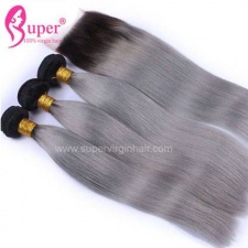 1b Grey Light Ombre Hair With Lace Closure 4x4 Straight Human Hair Weave