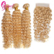 613 Color Blonde Human Hair Extensions With Lace Closure 4x4 Deep Wave Curly 100 Virgin Hair