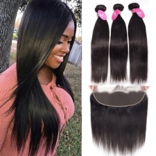 Cheap Human Hair Weave Bundles With Lace Frontal 13x4 For Sale Natural Straight Black Color