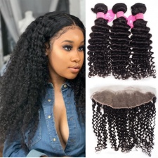 Cheap Curly Human Hair Weave Bundles With Lace Frontal 13x4 100 Remy Hair Black Color