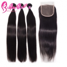 Raw Indian Hair Bundles With Top Lace Closure 4x4 100 Remy Human Hair Natural Straight