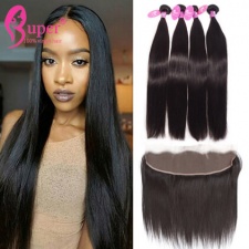 Best Indian Hair Weave 3 or 4 Bundls With Lace Frontal 13x4 Straight Virgin Human Hair Black Color
