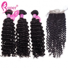 Indian Curly Hair 3 or 4 Bundles With Lace Closure 4x4 Free Part 100 Virgin Hair Extensions