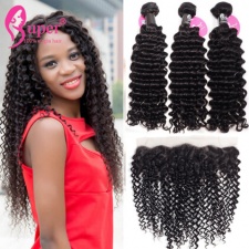Deep Curly Hair Bundles With Lace Frontals 13x4 Pre Plucked Burmese Virgin Remy Hair Weave