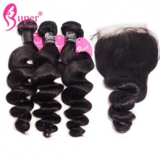 Loose Wave Burmese Hair With Lace Closure 4x4 Best Virgin Human Weave Hair Black Color