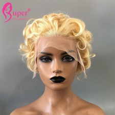 Blonde Bob Pixie Cut Wig 613 Curly Brazilian Human Hair Lace Front Wigs Can Be Colored