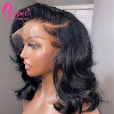 Natural Black Human Hair Short Wavy Bob Wigs T Part Lace Cheap Wig For Women