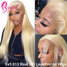 613 Real HD Lace Closure Wigs 5x5 Brazilian Blonde Straight Human Hair 